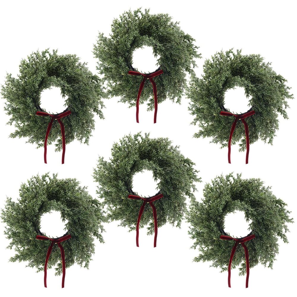 6859 6 Set 12 Inches Christmas Pine Wreath with Red Bow Cedar Wreaths